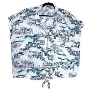 Old Navy XXL Paris Scenic Print Button Front Tie Hem Top